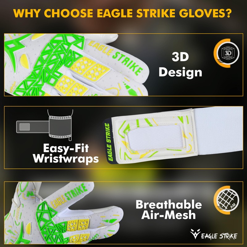 Soccer Goalie Gloves - Fingers Protection, Sizes 5 to 10,