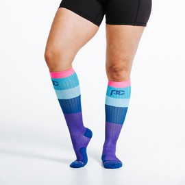 PRO Compression Running Marathon Socks - Calf-Length Travel and Sports Compression Socks for Foot and Ankle Support - Neon & Blue Band Unisex (Small/Medium)