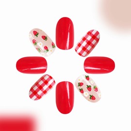 BABALAL Acrylic Press On Nails - Medium Almond, Red Strawberry Glue Ons, 24pcs Stiletto Full Cover False Nails