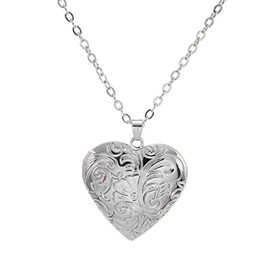 Yifnny Heart Locket Necklace, Engraved Flowers Memorial Photo Locket Chain Necklace with Picture Locket Pendant Heart Necklace for Women Girls, Copper, No Gemstone