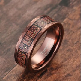 100S JEWELRY Rose Gold Circuit Board Inlay Tungsten Rings For Men Wedding Band Hammered Edge Polished Finish Size 6-16 (Tungsten, 11)