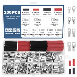 Knpwer Pack of 200 Tubular Cable Lugs Set, Cable Lugs, Bolt Hole Cable Lugs, Ring Terminals, with Heat Shrink Tubing Insulating Sleeves