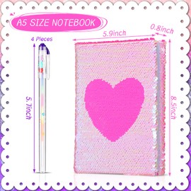 Outus Sequin Notebook Set with 4 Pieces Color Gel Ink Pens Reversible Diary Flip Sequin Journal Writing Journal Set for Valentine's Day Teens Young Girls (AB Color)