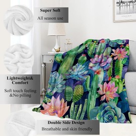 VODRM Succulent and Cactus Blanket Plant Garden Throw Blankets Gifts for Kids Adult Lightweight Soft Fleece Cozy for Sofa Couch Bed Room Birthday Boho Spring Decor 50x60in