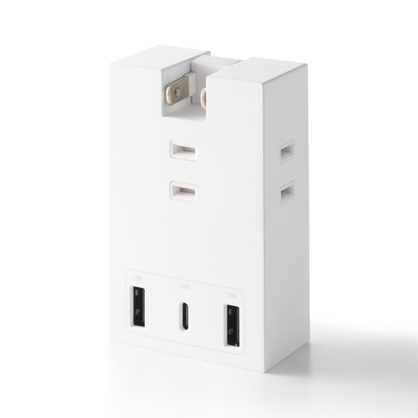 Elecom ECT-37-3A2CWH Power Strip, USB Outlet, 15W, AC x 3,