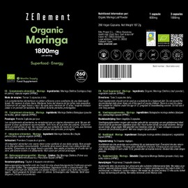 Organic Moringa Capsules, High Dose: 1800 mg, 260 Capsules, 100% Organic Moringa Oleifera, Certified Superfood, Laboratory Tested, Vegan and No Additives Zenement