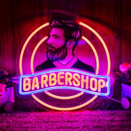 KAQRI Barber Shop Neon Sign, Barber Accessories LED Sign for Wall Decor, Barber Supplies, Hair Salon Decorations, 13.6"x13", Dimmable, USB Powered