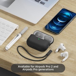 Tandoler Compatible with Airpods Pro 2 Case, Soft Silicone Skin Cover Protective Cases with Cleaner kit and Lanyard Compatible for AirPod Pro 2nd Generation, Front LED Visible-Black