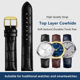 FOUUA Watch Straps Band Genuine Leather Strap Alligator Embossed Replacement Straps Bracelet 12 13 14 15 16 17 18 19 20 21 22 24 mm, Black gold, 16 mm, Strap.