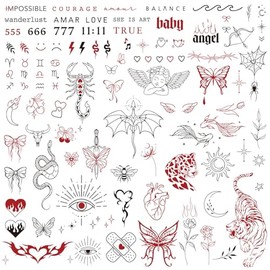 3 Sheets Temporary Tattoos for Women, Fine Line Realistic Fake Tattoos, Minimalist Gothic Body Art Stickers, Tiger Snake Angel Designs for Hand Arm Shoulder, Halloween Costume Party Gifts