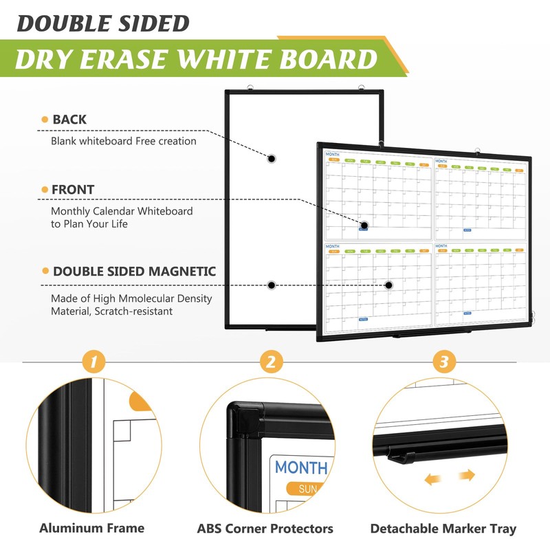 36" x 24" Magnetic Dry Erase Calendar Whiteboard, 4 Month