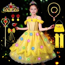 COYBTO Princess Dress Girls, LED Luminous Belle Cinderella Rapunzel Costume Girls with LED Crown Wand Set, Fancy Dress Costumes Children's Belle Princess Costume Girls for Carnival (Gold, 110)
