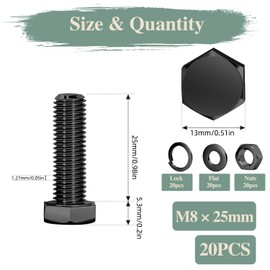 GOHODOMINO M8×25mm Hex Bolts, Nuts, Flat Washers and Lock Washers, 20Pcs, 18-8 (304) Stainless Steel, Fully Threaded Screw Bolts，Black Oxide
