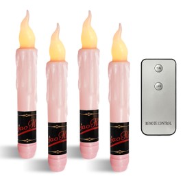 NJAO HOO Real Wax LED Flameless Short Taper Candles with Remote, 6.7 Inches Pink Candlesticks, Dripless Battery Operated Flame Rustic Primitive Flameless Spring Candles for Home, Pack of 4