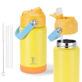 Kids Insulated Water Bottle with Straw Lid & Silicone Handle,12oz Kids Leak Proof Water Bottle for School Boys Girls,Double Wall Vacuum Stainless Steel with Non-slip Silicone Base(Yellow)