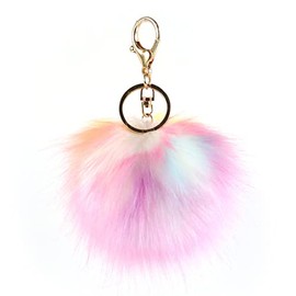 Unpafcxddyig Pom Pom Keychain Artificial Fox Fur Soft Ball Keychains Fluffy Tote Pendant Car Bag Charm,rainbow
