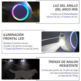 Correa Retráctil para Perro con Luz Led, 6 M Correa RetráCtil de Recargable, Tiene Un Mango Antienredos Y Antideslizante de 360°, Durable Correa Retractilar para Perro de Menos de 50 Kg.(Blanco)