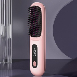 S7 Portable Cordless Hair Straightening Brush with LED Display - Lightweight Mini Negative Ion Hot Brush, USB Comb Straightener Wireless Straightener Anti-Scald Dual hot air wavy  iron rpm high wavy  talk - Color: Pink