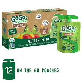 GoGo squeeZ Organic Applesauce, Apple Apple, 3.2 Ounce (12 Pouches), Gluten Free, Vegan Friendly, Unsweetened Applesauce, Recloseable, BPA Free Pouches