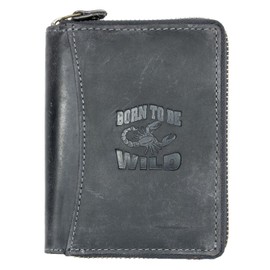Herren Graues Leder Geldbörse Born to be wild mit Kette und einem Skorpion
