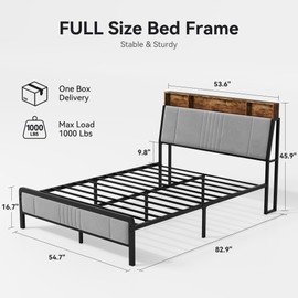 Susalt Full Size Bed Frame with Storage Headboard and Charging Station, Ergonomic Platform Bed Frame with Led Lights, Strong Metal Slat Support, No Box Spring Needed, Noise Free, Grey