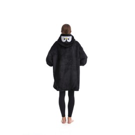 Pingüino Manta con capucha Sherpa Animal TV Manta para mujeres y hombres, cálida sudadera de gran tamaño con bolsillos, Negro -, Talla única