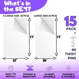 Lilu Pets Cat Scratch Furniture Protector 15 Pack Self-Adhesive Clear Sheets Large Sizes (9 Pack 17x12 Inch & 6 Pack 17x10 Inch) and 86 Invisible Twist Pins, Scratch Deterrent Couch Corner Protectors.