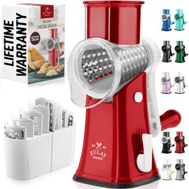 Zulay Kitchen Rotary Cheese Grater 5 Blade Cheese Shredder - Manual Hand Crank Cheese Grater With Reinforced Suction & 5 Interchangeable Drums - Easy to Use, Vegetable Chopper Round Mandoline Slicer