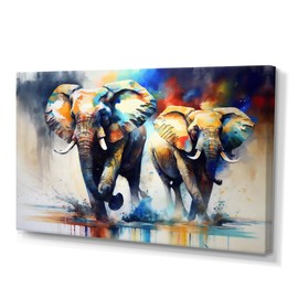 DesignQ Large Elephant Animal Wall art, Majestic Elephants in a Running Gait I, Elephant Wall art decor, Blue Modern Canvas wall art, 40x30 inches