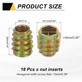 sourcing map 18 Pcs Threaded Inserts for Wood, Zinc Alloy M10 Thread Inserts Nuts Hex-Flush Socket Drive Screw 20mm Length for Furniture, Cabinet, Tables and Chairs