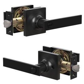 Door Handles Interior with Door Turn Lock - Privacy Heavy Duty Keyless Door Knobs, Black Reversible Square Door levers for Bathroom, Bedroom, and Rooms (2 Pack, Matte Black)