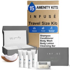Infuse Amenity Kit | Hotel Bulk Toiletries | 1 oz Shampoo, Conditioner, Lotion, Body Wash, Cleansing Bar Soap for Guest Hospitality Vacation Rentals | 15 Sets/Case