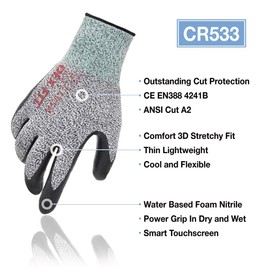 DEX FIT Level 2 Cut Resistant Gloves CR533 - Firm Non-Slip Grip; Thin & Lightweight; Durable & Foam Coated; Soft & 3D-Comfort Fit; Washable; Grey 8 (M) 1 Pair