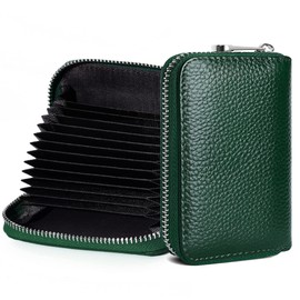 GEEAD Genuine Leather RFID Credit Card Holder for Women and Men Zipper Cards Case Small Card Wallets, Dark Green, Minimalist