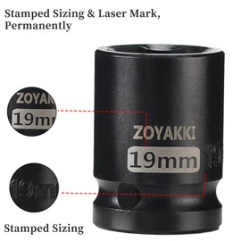 ZOYAKKI ZOYAKKI Shallow Impact Socket, SAE, 1/2 Inch Drive, 6 Point, Metric x 19 mm