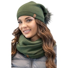 VIVISENCE Women's Hat with Large Bobble in Classic Style, Extended Back for Perfect Fit, Double Pleated Knitted Fabric, Ideal for Cold Winter Days, Green