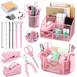17 in 1 Pink Desk Organizers and Accessories Set, 3 Office Desk Supplies Storage Organization, 4 Pens, Stapler, Staples & Remover, Tape & Dispenser, Scissors, Ruler, Clips, Hole Punch, Sticky Holder
