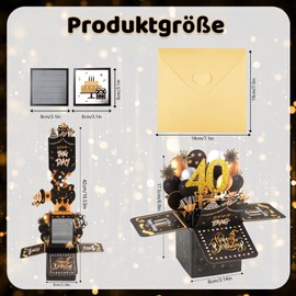 40th Birthday Card, 3D Pop Up Card Birthday, 40th Birthday Card, Black Gold Happy Birthday Card, 40th Birthday Card with Envelope, for Women, Men, Family, Friends