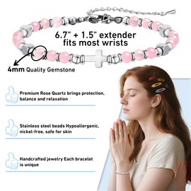 CNYTPE Inspirational Beaded Cross Bracelets for Women - Natural Gemstone Christian Faith Bracelet, Ideal Gifts for Mom, Wife, Sister, Friend - Birthday, Mother's Day Blessings(Rose quartz bracelet)
