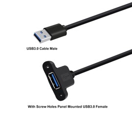 HuaLiSiJi USB 3.0 Panel Mount Extension Cable Short USB Extension Cable with Panel Mount Supports 5Gbps Data Transmit and Power Supply, for Laptops, PC, Phone, Car (Black, 1FT / 0.3 m)