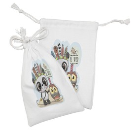 Ambesonne Be Wild Fabric Pouch Set of 2, Tribal Cartoon of a Panda an Owl and a Bird with Feathers Bohemian Feels Print, Small Drawstring Bag for Toiletries Masks and Favors, 9" x 6", Multicolor