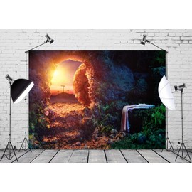 Resurrection of Jesus Cross Backdrop BELECO 8x6ft Fabric Easter Backdrop Holy Lights Mountain Sunrise Cave Tomb Jesus Crucifixion Shroud Photos Church Events Backdrop Religious Belief Background
