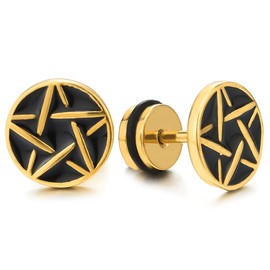 10MM Gold Steel Star Pentagram Circle Stud Earrings with Black Enamel, Men Women, Screw Back