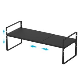 iPEGTOP Expandable Cabinet Storage Shelf Organizer, Heavy Duty Steel Metal Spice Rack Adjustable Height Home Office Garage Pantry Shelf Space Riser for Counter Kitchen Organization, Black, 1 Pack