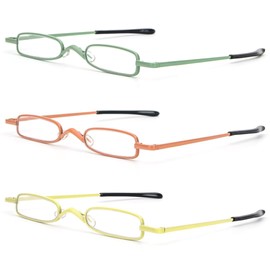 Small Reading Glasses Men Women 3 Pairs Slim Pocket Readers with Pen Clip Metal Case Spring Hinge (Yellow+Orange+Green,+3.5)