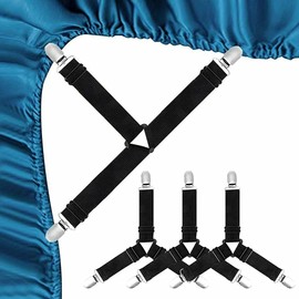 ZUKHRUF 4pcs Bed Sheet Straps, Mattress Cover Bed Sheets Clips to Hold Sheets in Place, Elastic Bed Sheet Suspenders Adjustable Bed Bands Fasteners Heavy Duty Grippers Black