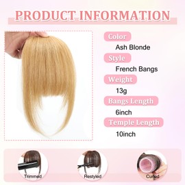 Clip In Fringe 100% Real Human Hair French Bangs Hair Clip Thin Bangs On Hairpiece Air Bangs With Temple Wispy Bangs Hair Extensions for women (Ash blonde, Clip in French Bangs)