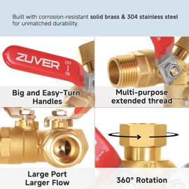 ZUVER Garden Hose Splitter 2-Way Heavy Duty Solid Brass Y Valve with Stainless Steel Long Handle, 3/4" GHT Thread Full Flow Water Diverter, Outdoor Faucet Connector for Lawn, Irrigation & Washing