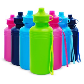 4E's Novelty Bulk Water Sports Bottles for Kids - 22 Pack 18 oz Squeeze Reusable Plastic Neon Colors BPA Free Bike Water Bottles