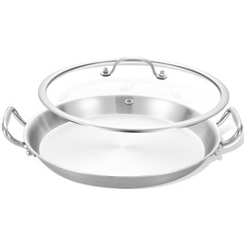 LOLYKITCH 13 Inch Tri-ply Stainless Steel Paella Pan with Lid,Griddle,Large Skillet,Omelet,Jumbo Cooker,Heavy Duty Dishwasher and Oven Safe.